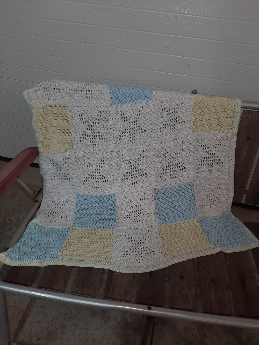 Handmade Crochet Star Baby Blanket in White, Blue & Yellow